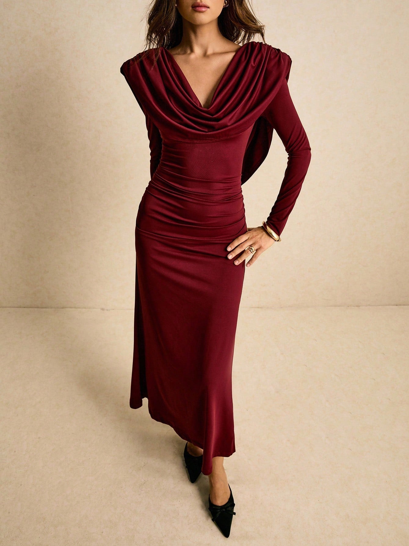 Burgundy Draped Cowl - Neck Ruched Maxi Dress FD - Negative Apparel