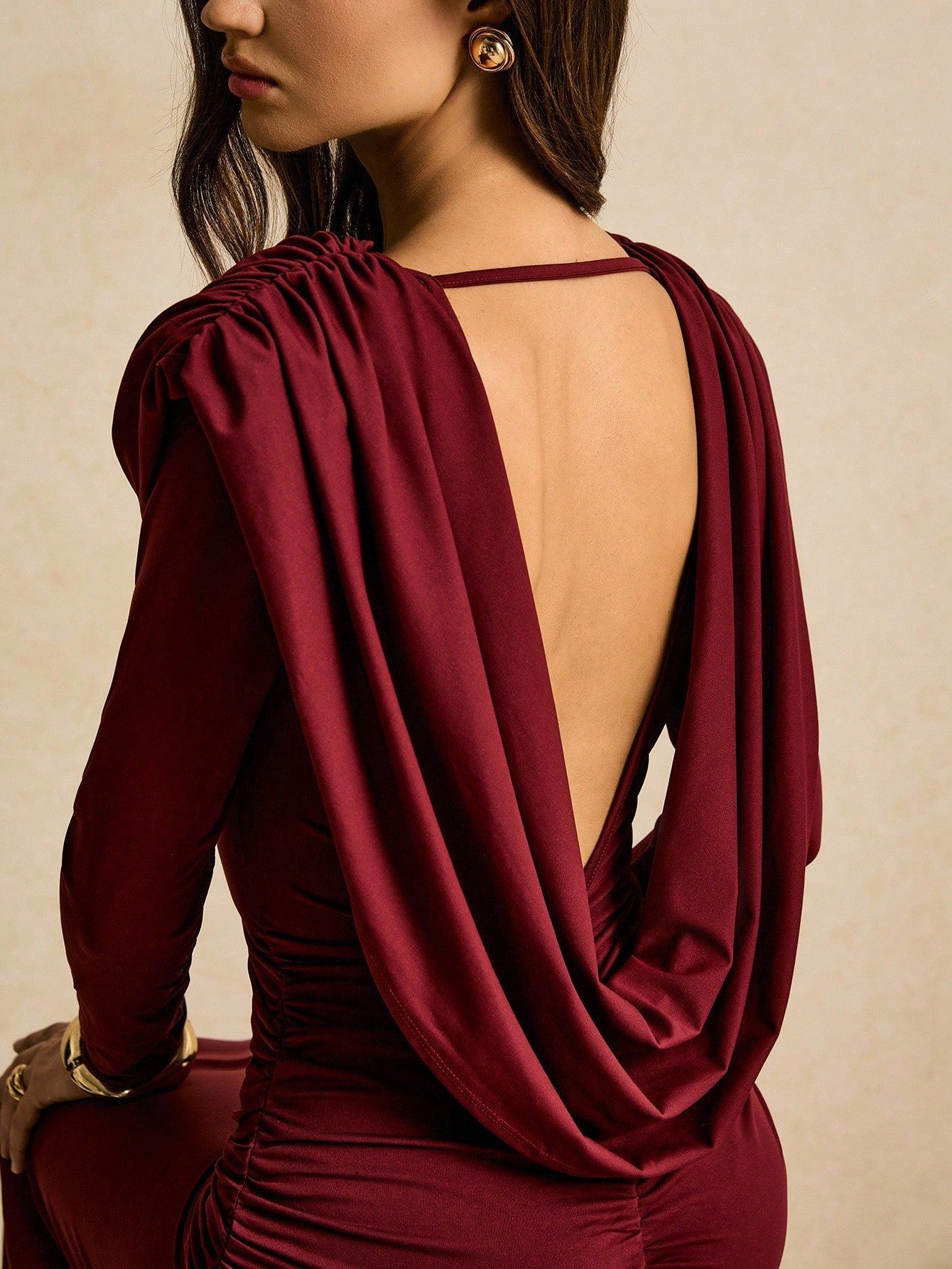 Burgundy Draped Cowl - Neck Ruched Maxi Dress FD - Negative Apparel