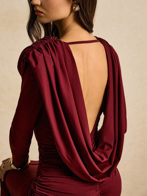 Burgundy Draped Cowl - Neck Ruched Maxi Dress FD - Negative Apparel
