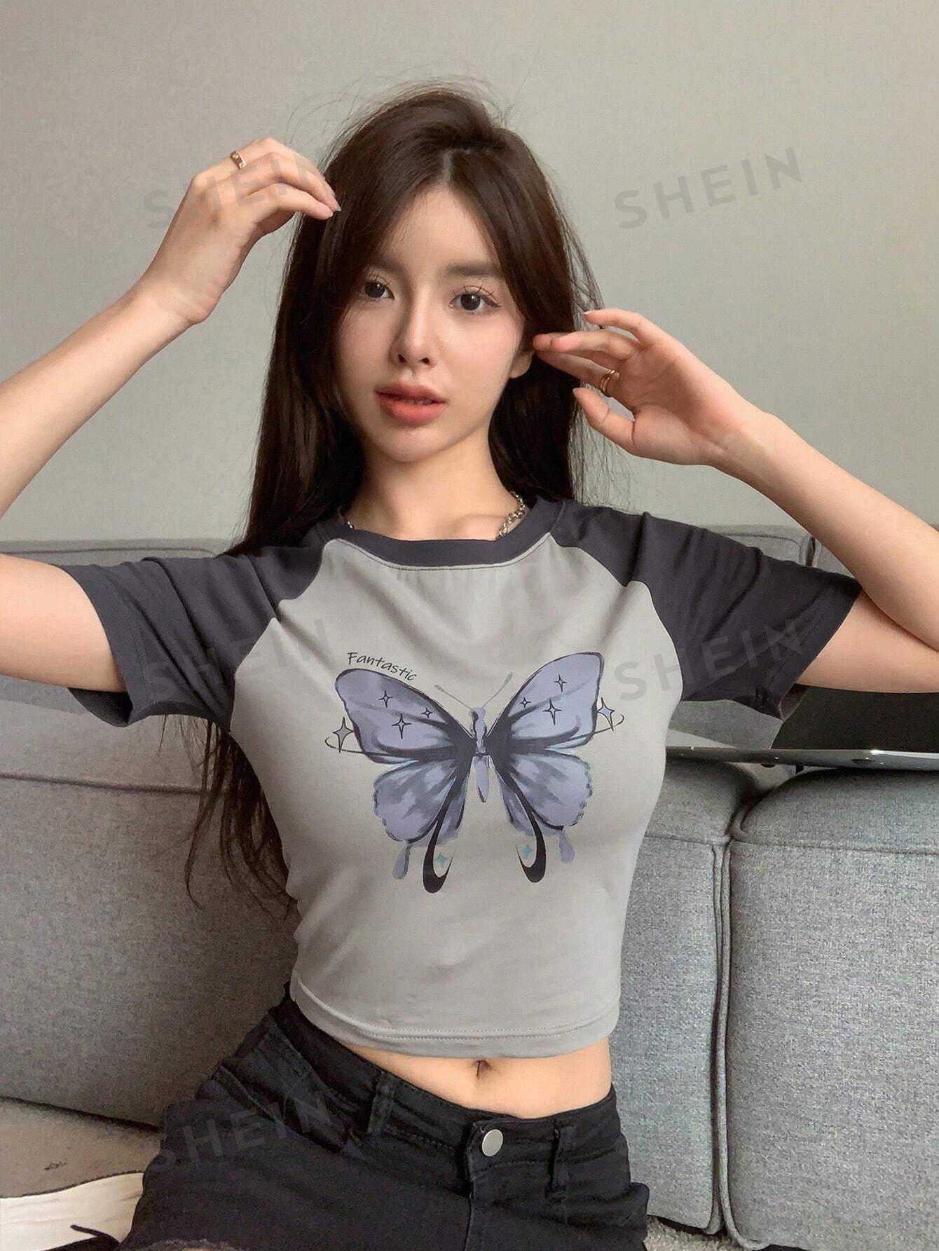Butterfly Print Raglan Sleeve Crop Tee - Negative Apparel