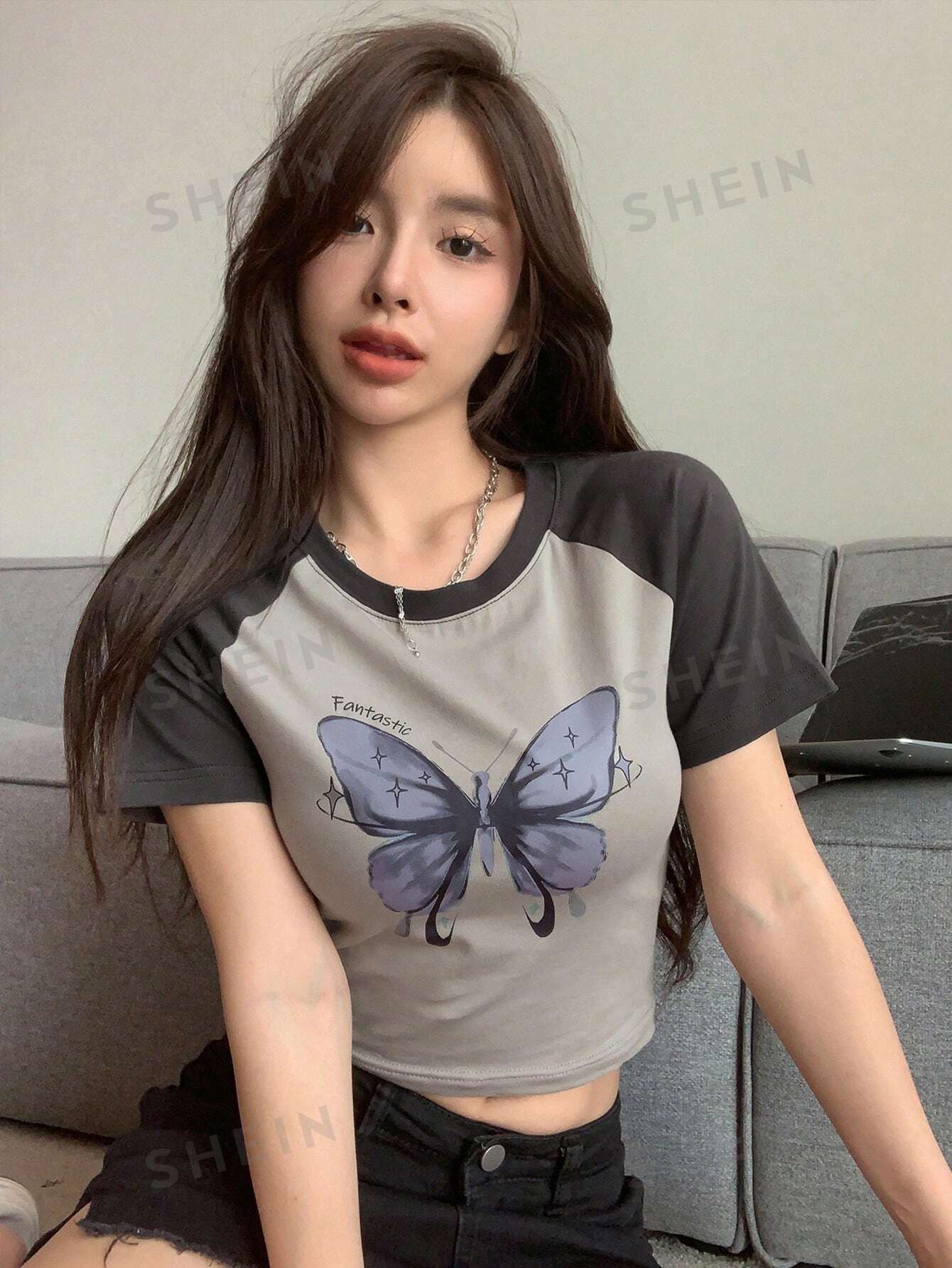 Butterfly Print Raglan Sleeve Crop Tee - Negative Apparel
