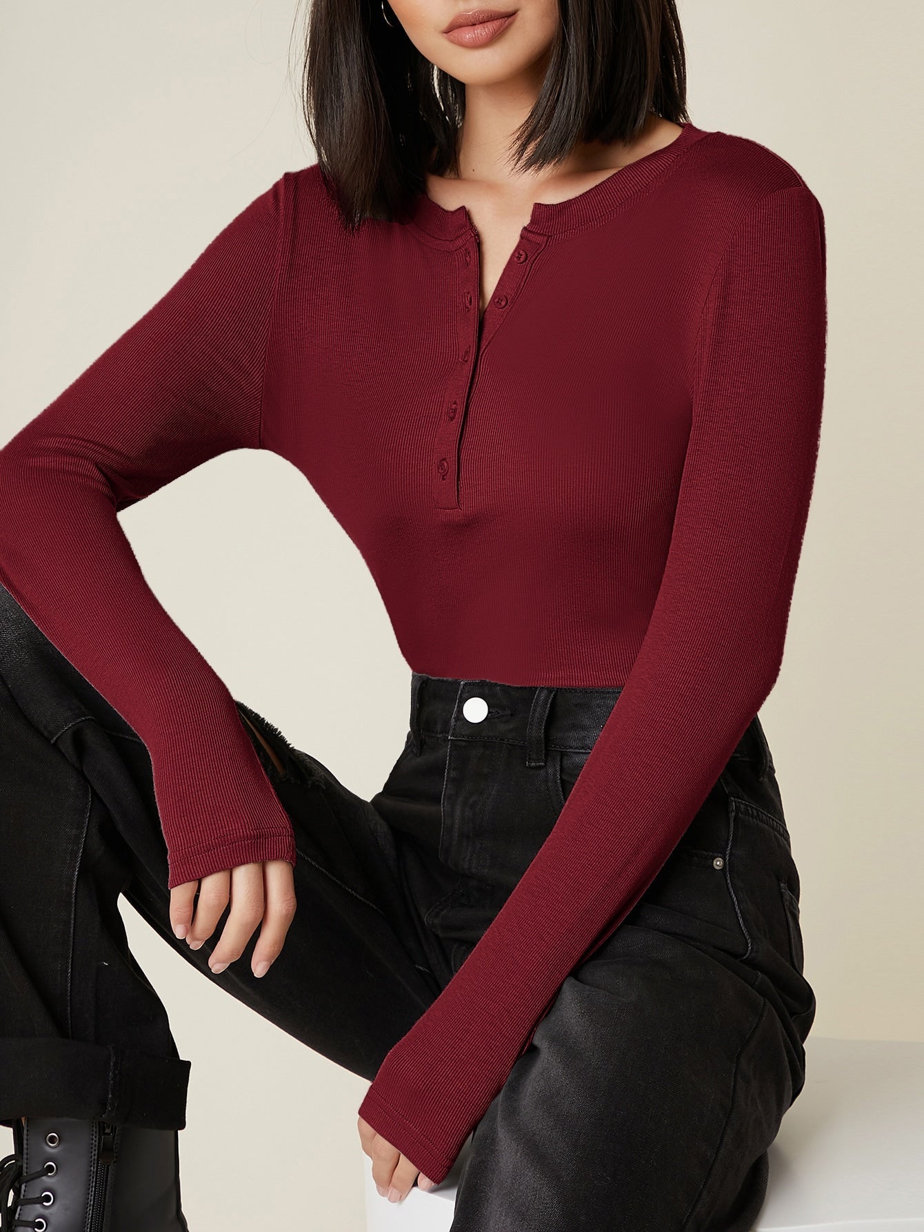 Button Half Placket Rib-knit Tee - Negative Apparel