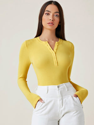 Button Half Placket Rib-knit Tee - Negative Apparel