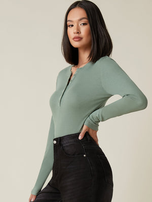 Button Half Placket Rib-knit Tee - Negative Apparel