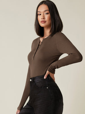 Button Half Placket Rib-knit Tee - Negative Apparel