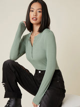 Button Half Placket Rib-knit Tee - Negative Apparel