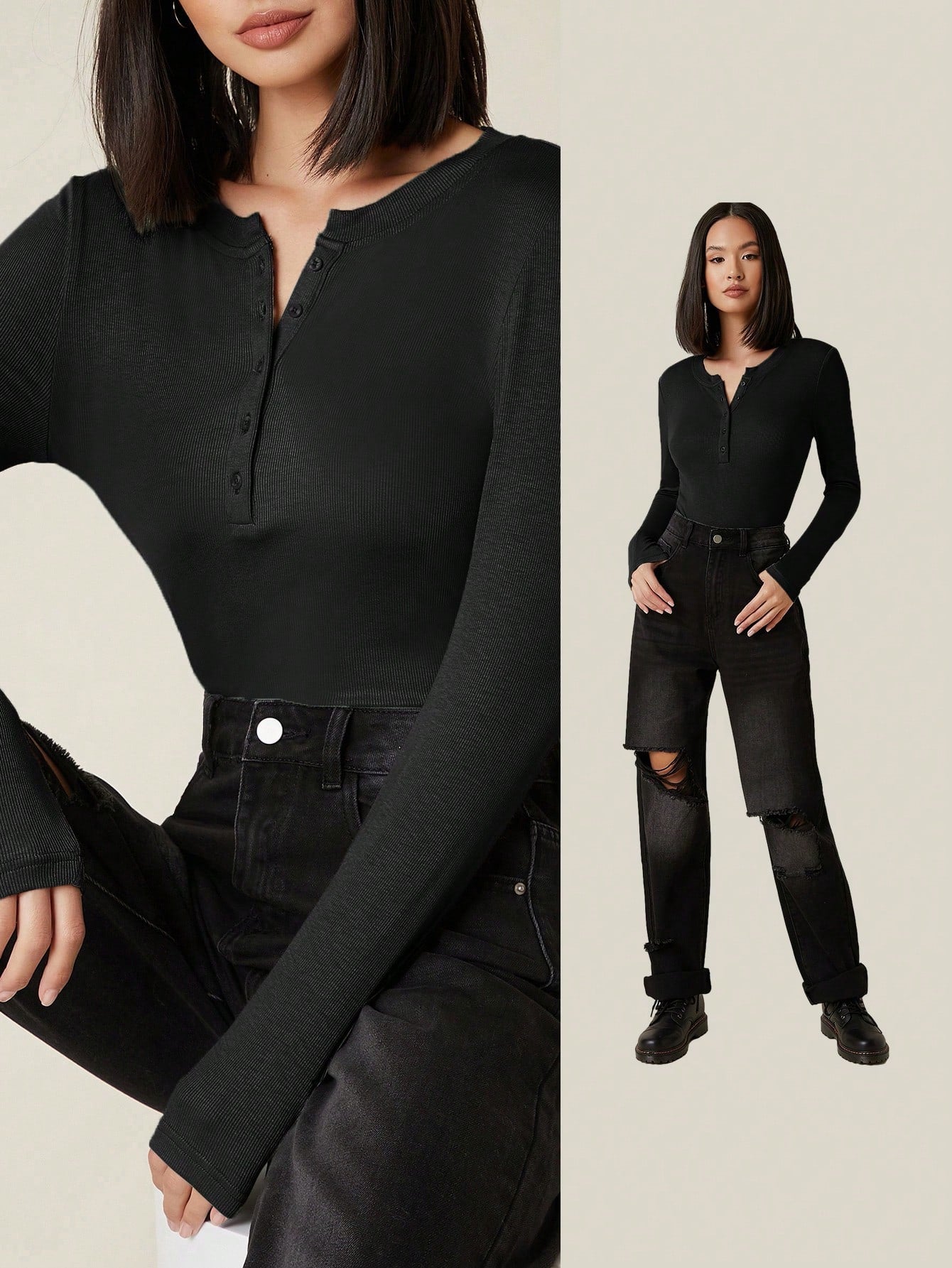 Button Half Placket Rib-knit Tee - Negative Apparel