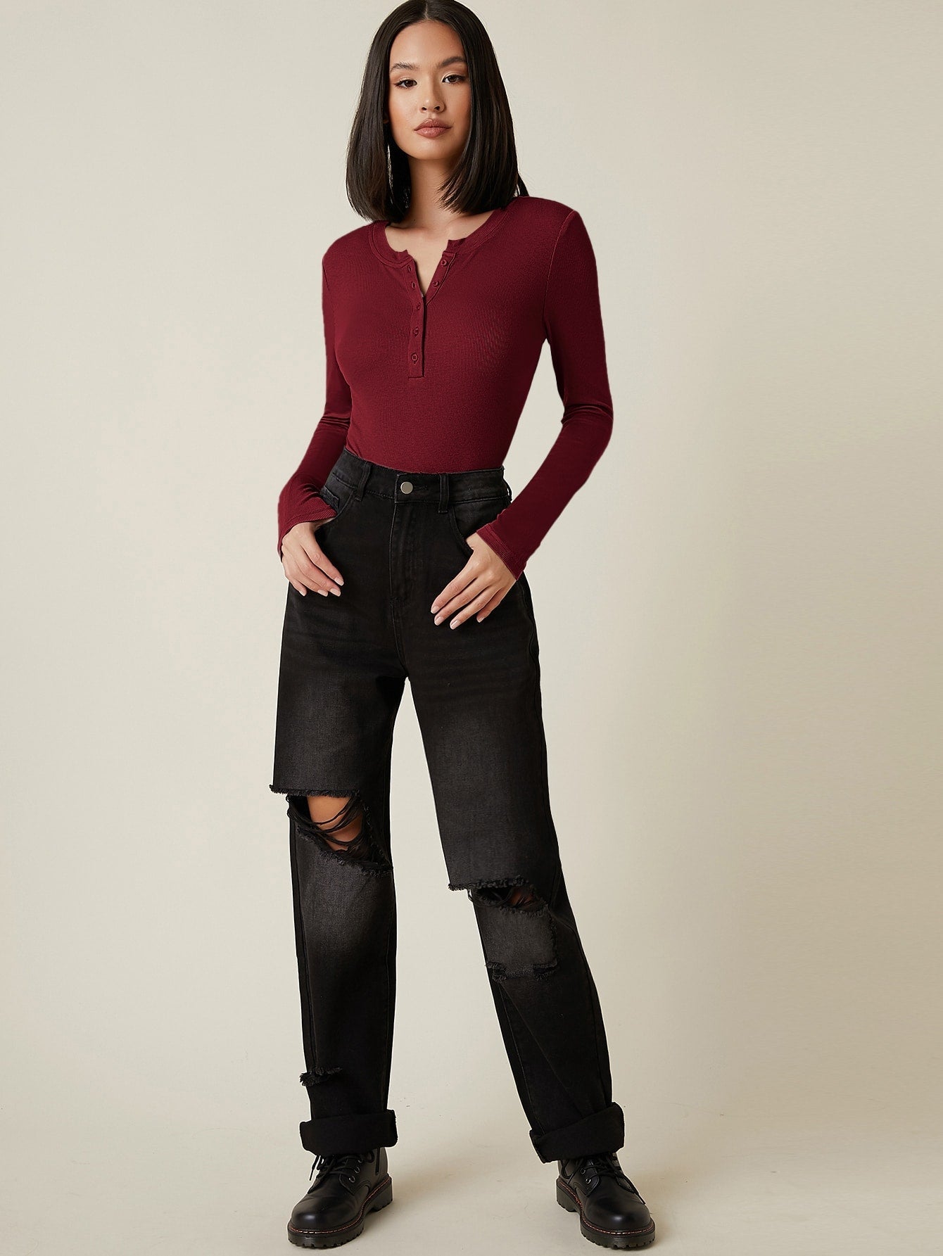 Button Half Placket Rib-knit Tee - Negative Apparel