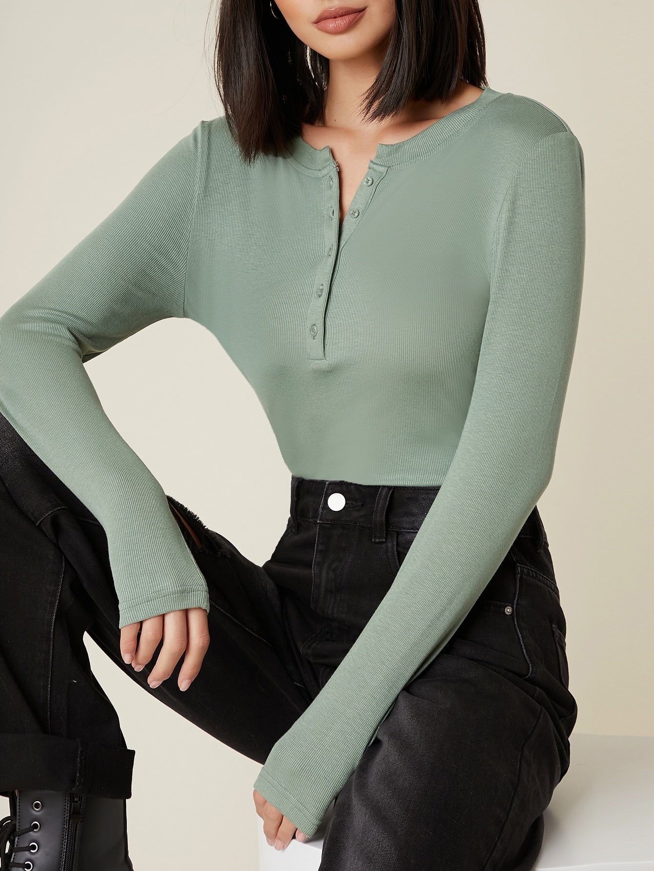 Button Half Placket Rib-knit Tee - Negative Apparel