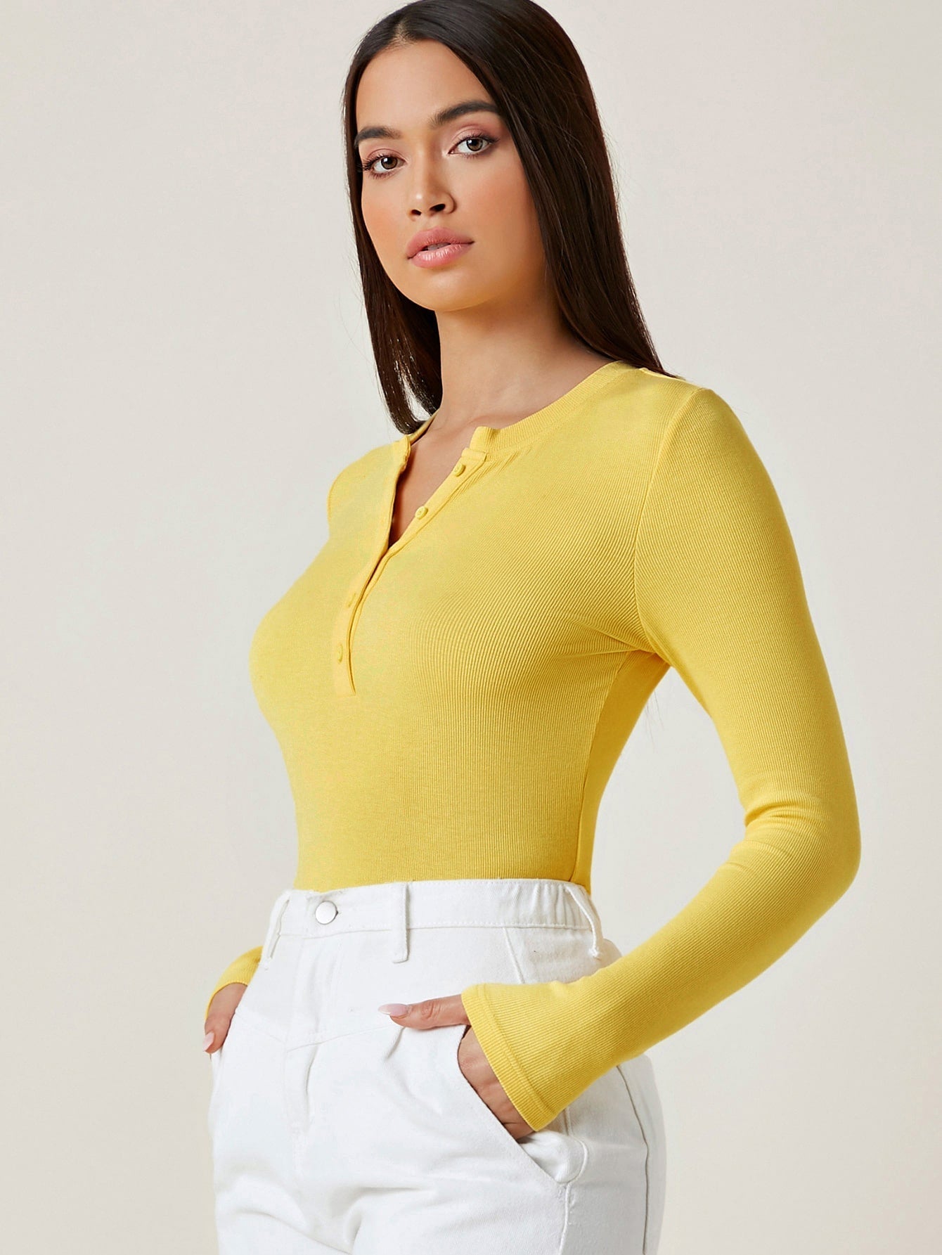 Button Half Placket Rib-knit Tee - Negative Apparel