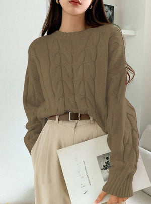 Cable Knit Dew Plush Sweater – Casual Korean Style Pullover for Women - Negative Apparel