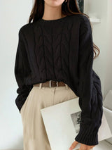 Cable Knit Dew Plush Sweater – Casual Korean Style Pullover for Women - Negative Apparel