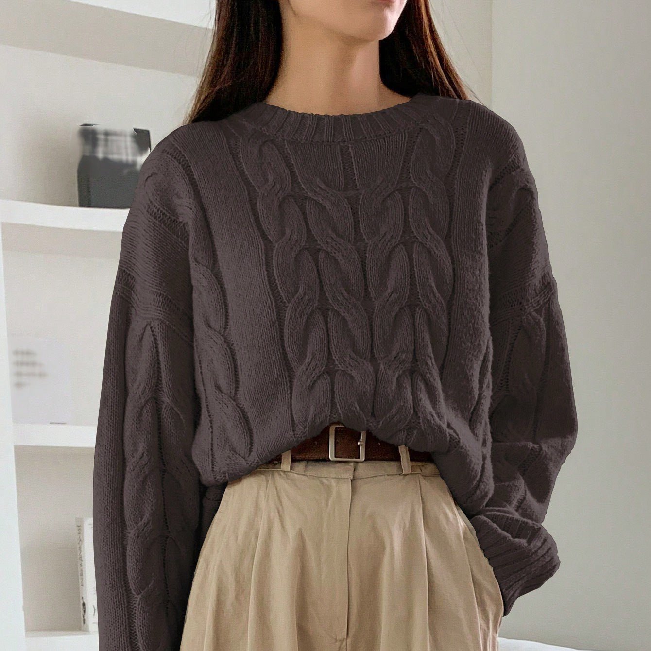 Cable Knit Dew Plush Sweater – Casual Korean Style Pullover for Women - Negative Apparel