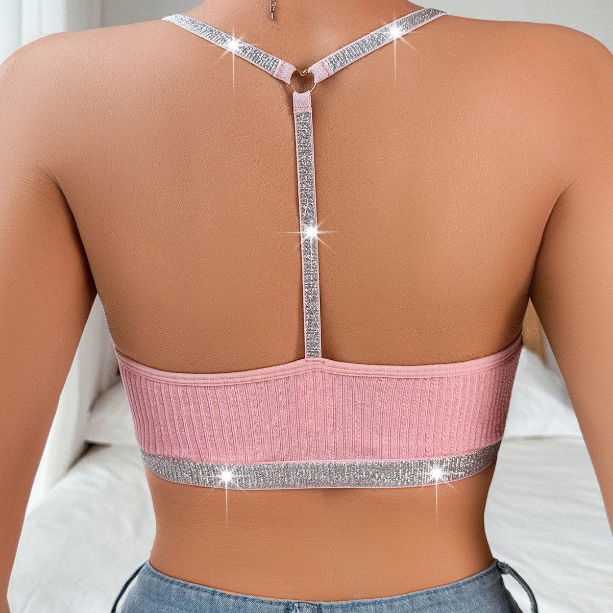 Cami top bra lace splicing halter neck silver ribbon large backless can be worn outside - Negative Apparel