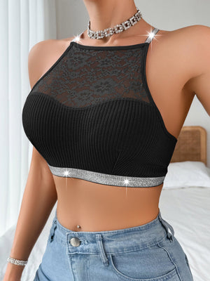 Cami top bra lace splicing halter neck silver ribbon large backless can be worn outside - Negative Apparel