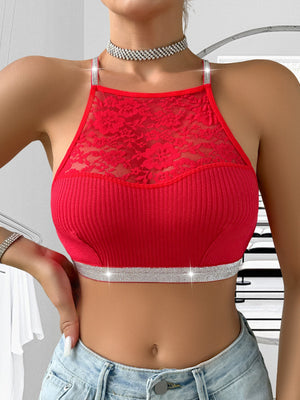 Cami top bra lace splicing halter neck silver ribbon large backless can be worn outside - Negative Apparel