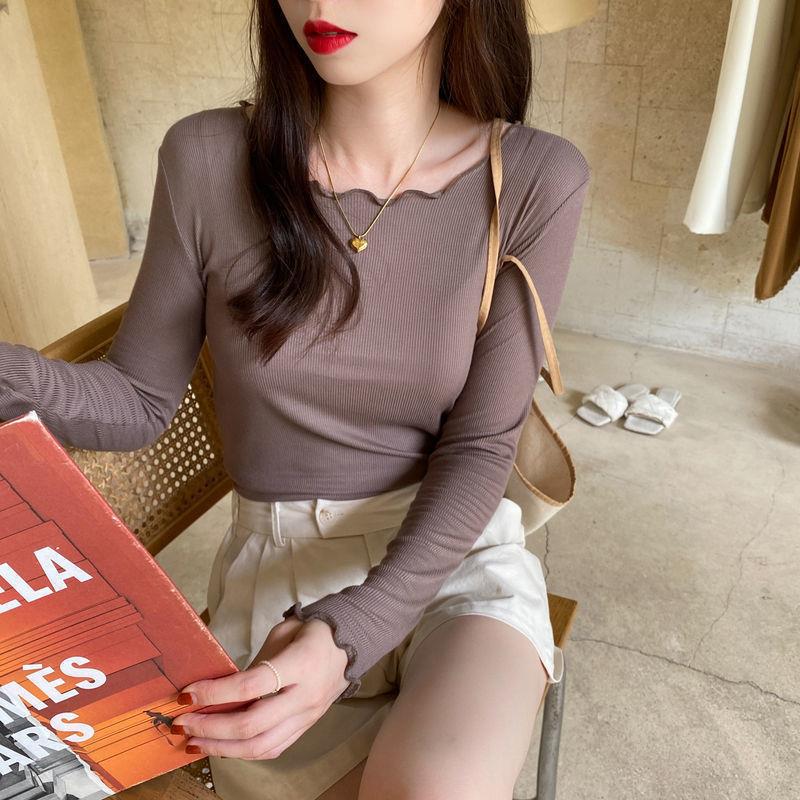 Candy color wood ear edge long sleeve T-shirt women's spring new style inner wear slim student solid color bottoming shirt ins top - Negative Apparel
