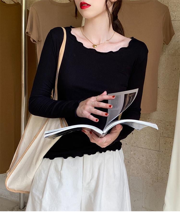 Candy color wood ear edge long sleeve T-shirt women's spring new style inner wear slim student solid color bottoming shirt ins top - Negative Apparel
