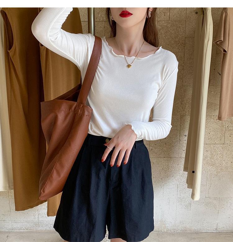Candy color wood ear edge long sleeve T-shirt women's spring new style inner wear slim student solid color bottoming shirt ins top - Negative Apparel