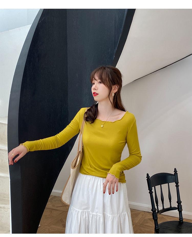 Candy color wood ear edge long sleeve T-shirt women's spring new style inner wear slim student solid color bottoming shirt ins top - Negative Apparel