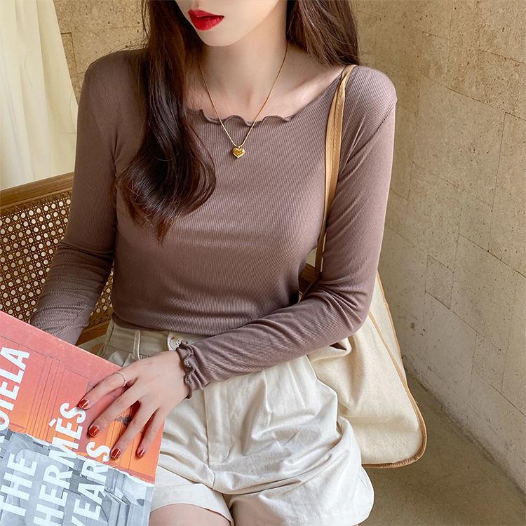 Candy color wood ear edge long sleeve T-shirt women's spring new style inner wear slim student solid color bottoming shirt ins top - Negative Apparel