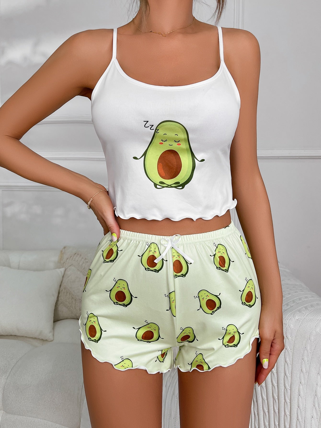 Cartoon Graphic Lettuce Trim White Cami Top & Shorts PJ Set / Pajama Set - Negative Apparel