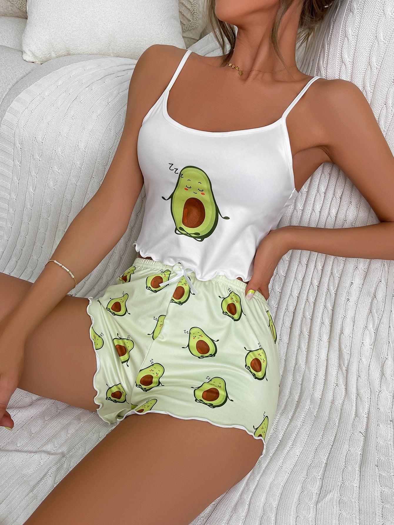 Cartoon Graphic Lettuce Trim White Cami Top & Shorts PJ Set / Pajama Set - Negative Apparel