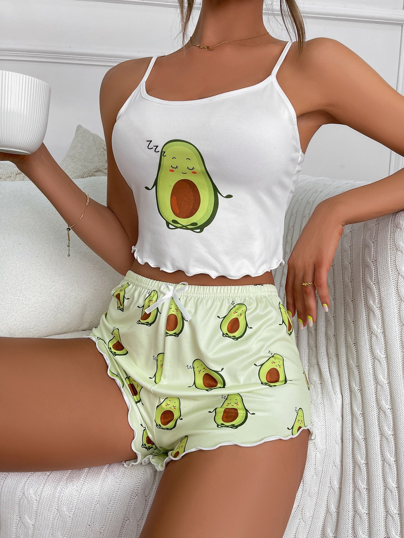 Cartoon Graphic Lettuce Trim White Cami Top & Shorts PJ Set / Pajama Set - Negative Apparel