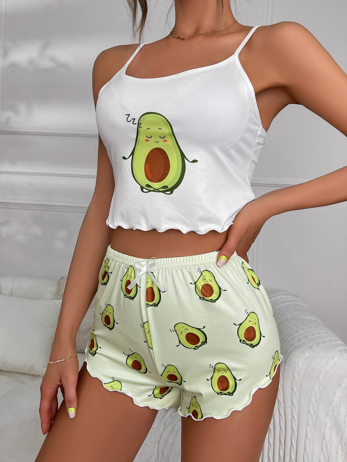 Cartoon Graphic Lettuce Trim White Cami Top & Shorts PJ Set / Pajama Set - Negative Apparel