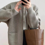 Casual Cashmere Blend Zipper Cardigan – Korean Loose Fit Pocket Sweater for Women - Negative Apparel