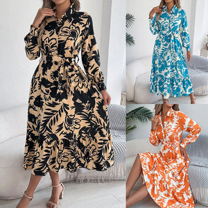 Casual flower long - sleeved shirt dress ruffled long dress - Negative Apparel