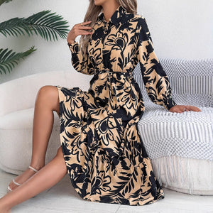 Casual flower long - sleeved shirt dress ruffled long dress - Negative Apparel