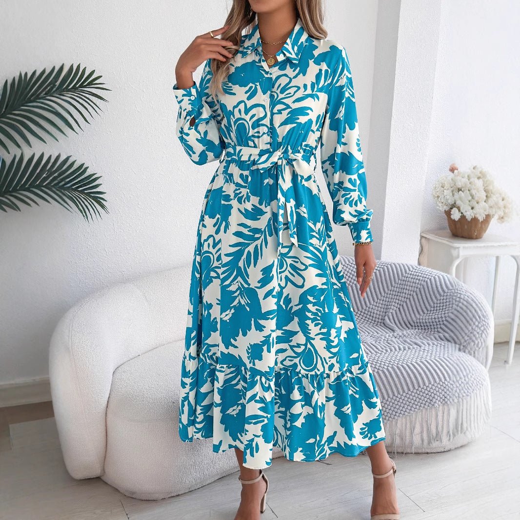 Casual flower long - sleeved shirt dress ruffled long dress - Negative Apparel