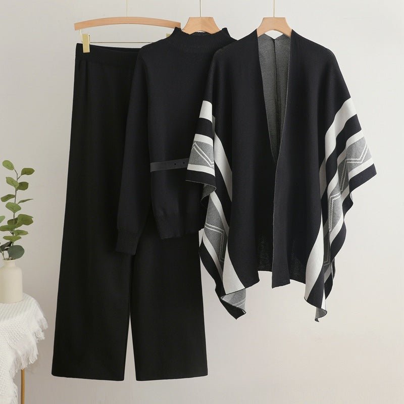 Casual shawl cardigan jacket + turtleneck sweater base + wide - leg pants three pieces set - Negative Apparel