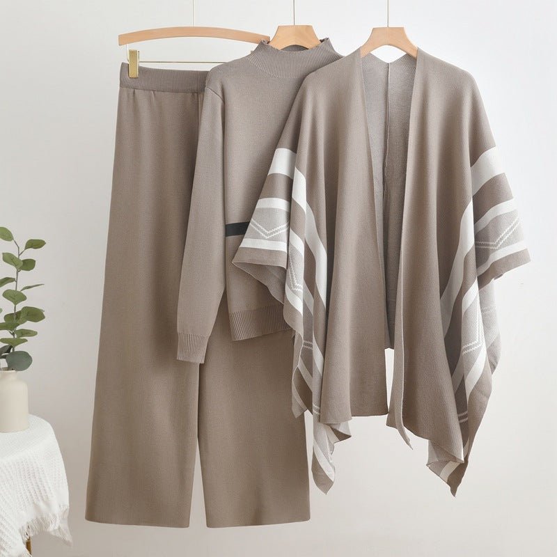 Casual shawl cardigan jacket + turtleneck sweater base + wide - leg pants three pieces set - Negative Apparel