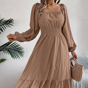 Casual Solid Color Square Neck Long Sleeve Waisted Ruffled A - Line Dress - Negative Apparel