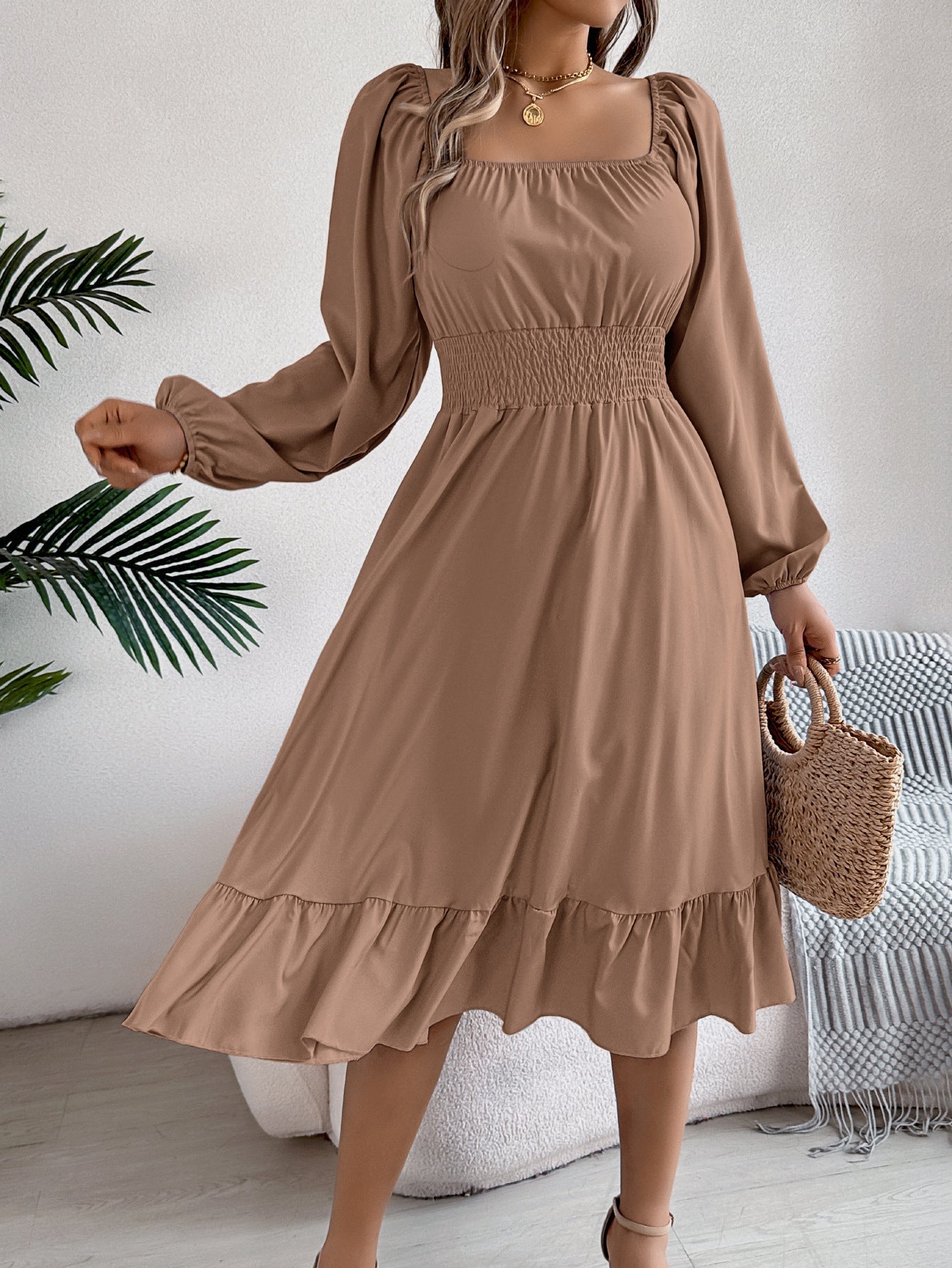 Casual Solid Color Square Neck Long Sleeve Waisted Ruffled A - Line Dress - Negative Apparel