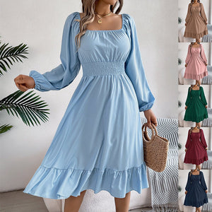 Casual Solid Color Square Neck Long Sleeve Waisted Ruffled A - Line Dress - Negative Apparel