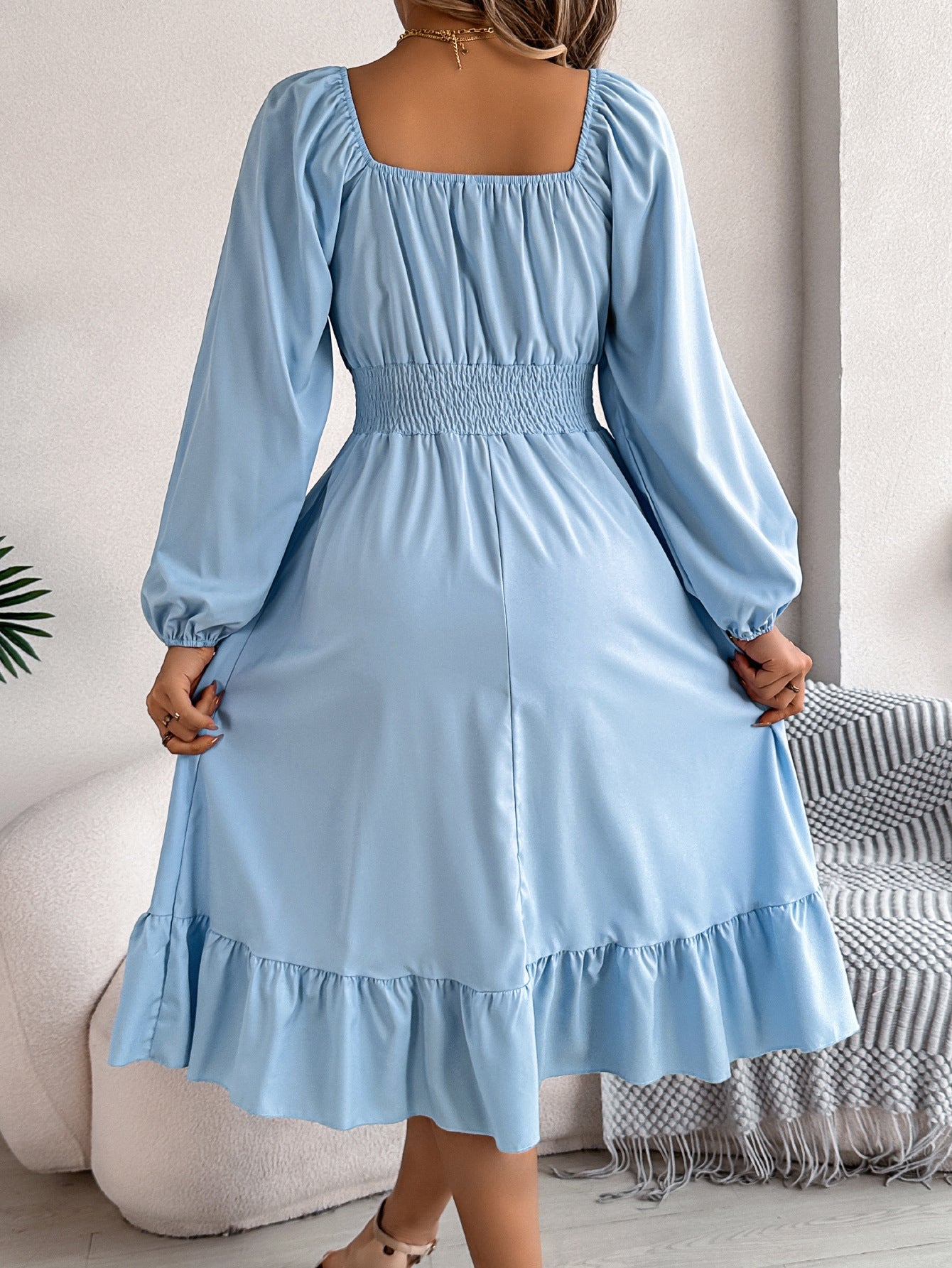 Casual Solid Color Square Neck Long Sleeve Waisted Ruffled A - Line Dress - Negative Apparel