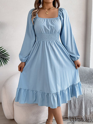 Casual Solid Color Square Neck Long Sleeve Waisted Ruffled A - Line Dress - Negative Apparel