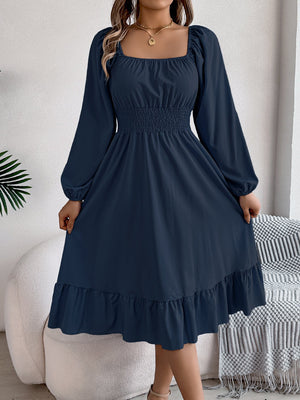 Casual Solid Color Square Neck Long Sleeve Waisted Ruffled A - Line Dress - Negative Apparel