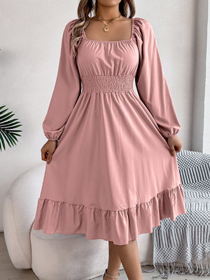 Casual Solid Color Square Neck Long Sleeve Waisted Ruffled A - Line Dress - Negative Apparel