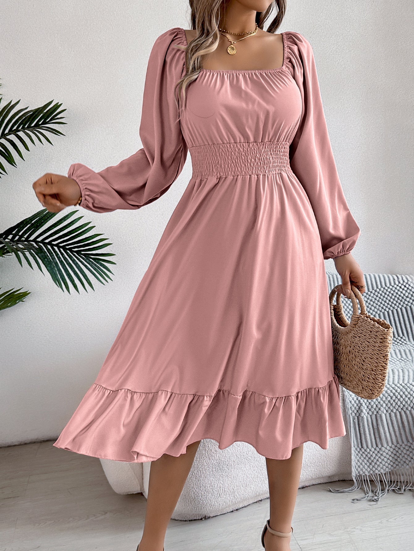 Casual Solid Color Square Neck Long Sleeve Waisted Ruffled A - Line Dress - Negative Apparel