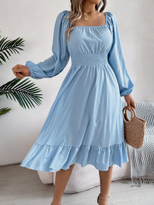 Casual Solid Color Square Neck Long Sleeve Waisted Ruffled A - Line Dress - Negative Apparel