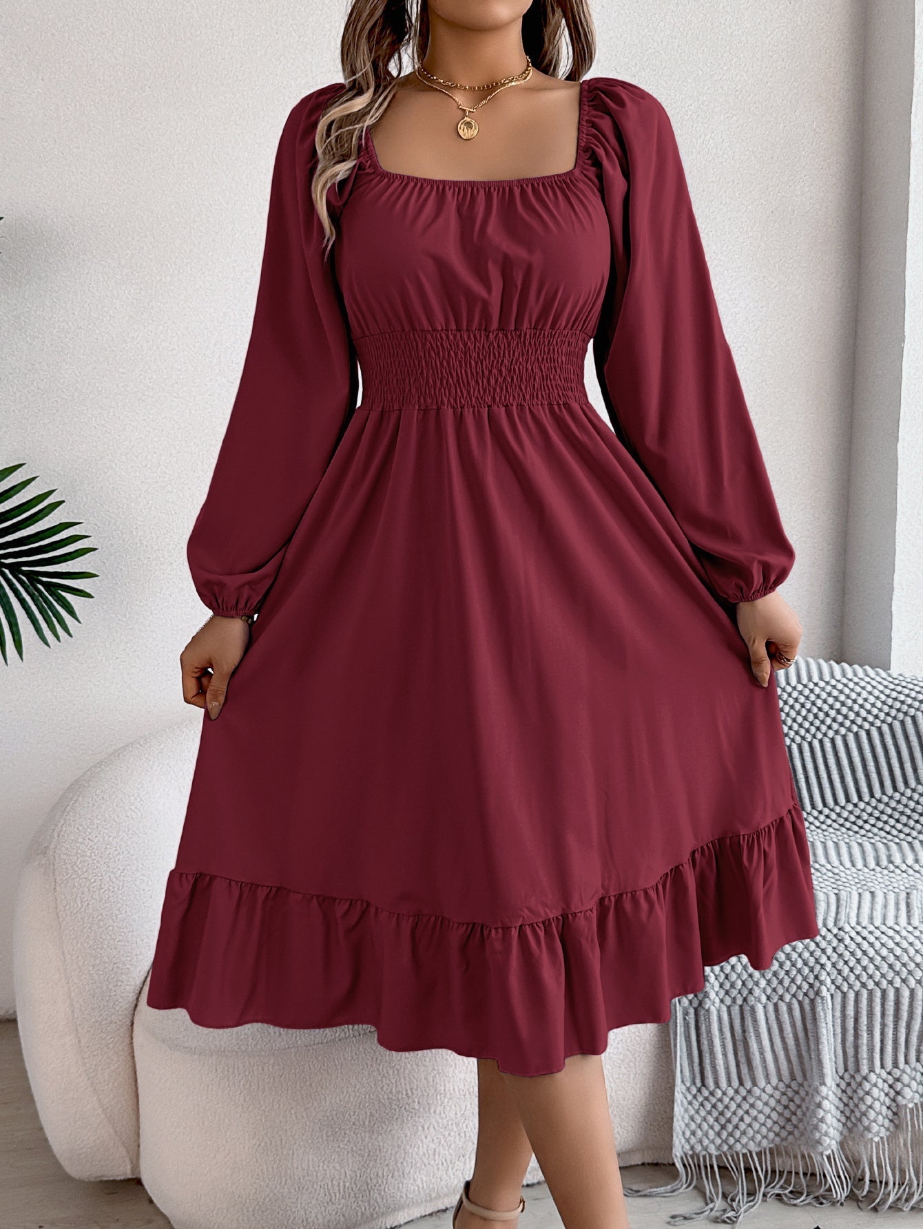 Casual Solid Color Square Neck Long Sleeve Waisted Ruffled A - Line Dress - Negative Apparel