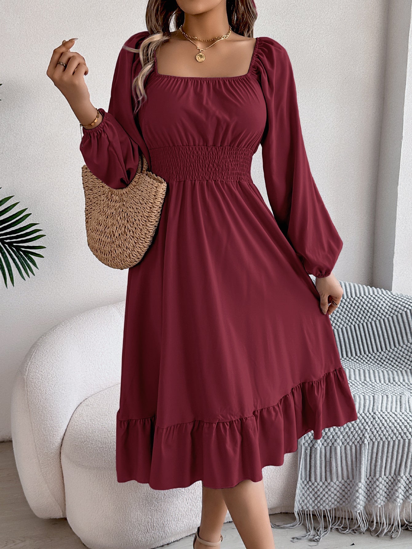 Casual Solid Color Square Neck Long Sleeve Waisted Ruffled A - Line Dress - Negative Apparel