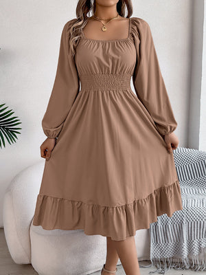 Casual Solid Color Square Neck Long Sleeve Waisted Ruffled A - Line Dress - Negative Apparel