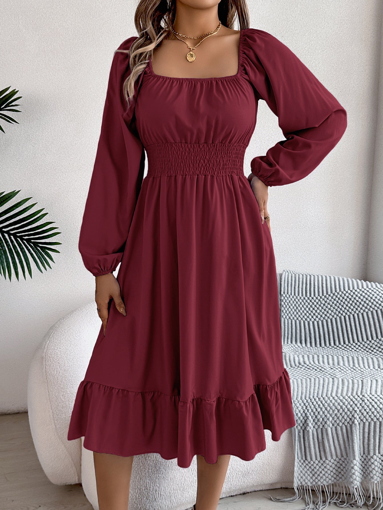 Casual Solid Color Square Neck Long Sleeve Waisted Ruffled A - Line Dress - Negative Apparel