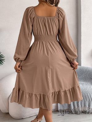 Casual Solid Color Square Neck Long Sleeve Waisted Ruffled A - Line Dress - Negative Apparel