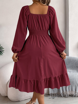 Casual Solid Color Square Neck Long Sleeve Waisted Ruffled A - Line Dress - Negative Apparel